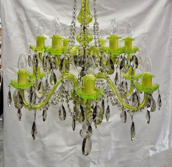 DBK GLASS Žlutozelený 12ramenný křišťálový lustr s kouřově zbarvenými křišťálovými mandlemi 1740-6+6-N-uranium-smoky-crystal
