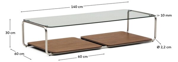 Tmavě hnědý konferenční stolek se skleněnou deskou 60x140 cm Tarsel – Kave Home