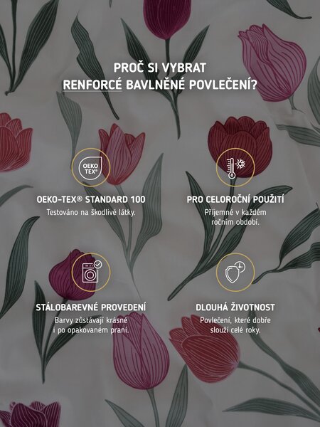 MK Lůžkoviny Bavlněné povlečení Renforcé - Květy tulipánů fialové 140 × 200 cm, 70 x 90 cm