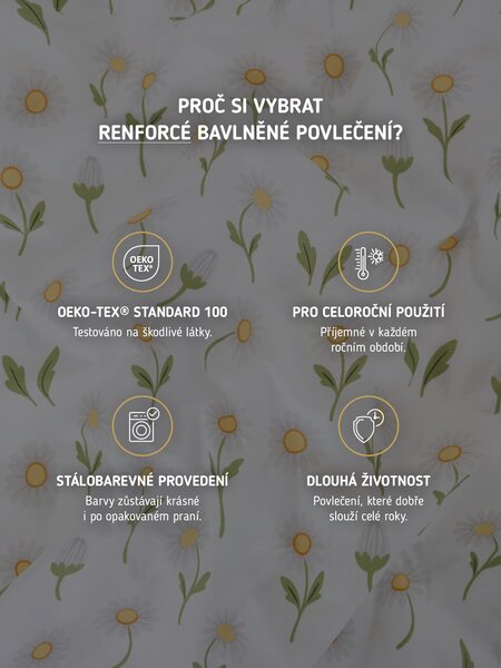MK Lůžkoviny Bavlněné povlečení Renforcé - Sedmikrásky bílé 140 × 200 cm, 70 x 90 cm
