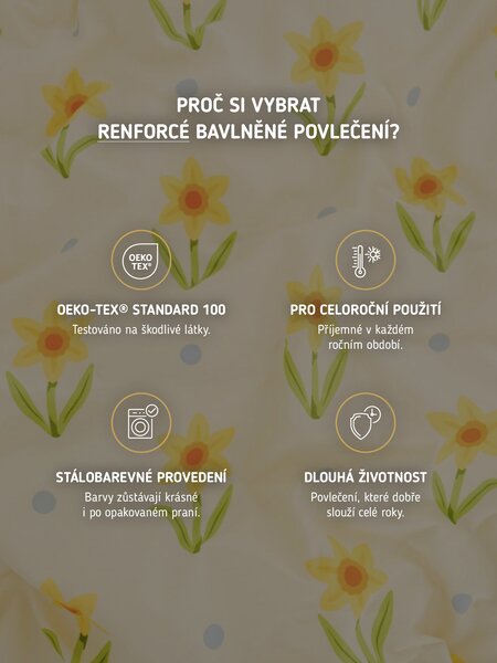 MK Lůžkoviny Bavlněné povlečení Renforcé - Narcis bíložluté 140 × 200 cm, 70 x 90 cm