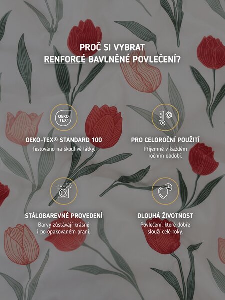 MK Lůžkoviny Bavlněné povlečení Renforcé - Květy tulipánů červené 140 × 200 cm, 70 x 90 cm
