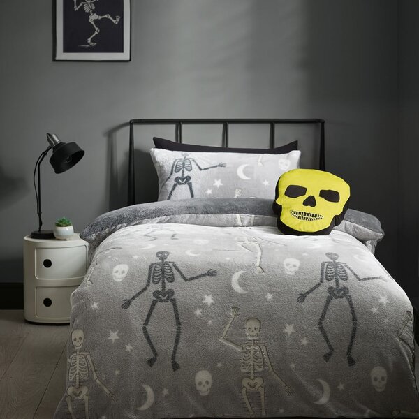 Šedé dětské povlečení se svítícím efektem na jednolůžko z mikroplyše 135x200 cm Halloween Skeleton – Catherine Lansfield
