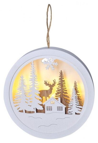 1V223-A LED dekorativní obrázek, les, chata, jelen, kulatý, 2xAA