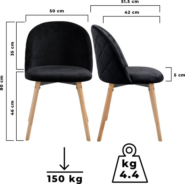 Miadomodo Sada jídelních židlí sametové, černé, 2 ks