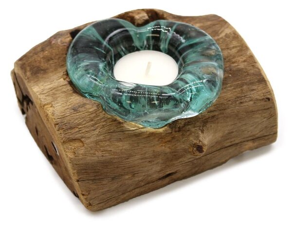 Svícen na čajovou svíčku z Taveného skla na dřevě 14x17x9cm (Luxusní svícen na čajovou svíčku vyrobený tavením skla usazeným na pravém dřevě ze stromu Gamal. Rozměry 14x17x9cm)