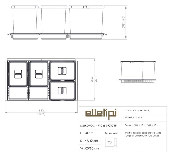 Vestavný odpadkový koš Elletipi METROPOLIS/ do zásuvky/15+15+15+15 L/ PTC28 09050 9F C97