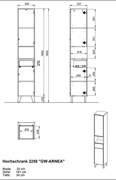 Krémová matná vysoká koupelnová skříňka 33x181 cm Arnea – Germania