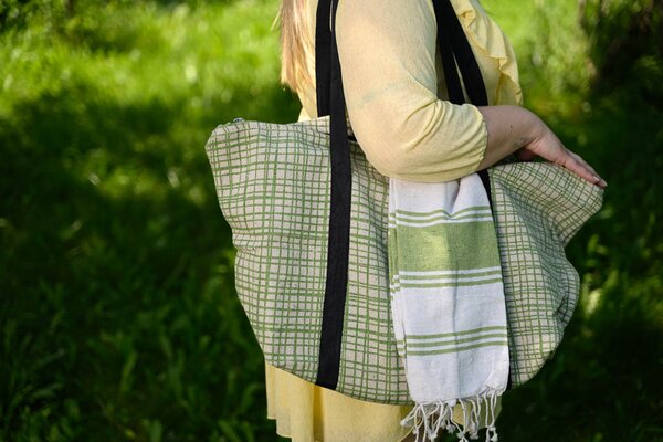 Stylový set plážové tašky + osušky HAMAM 75x150 cm, zelený, 100% bavlna