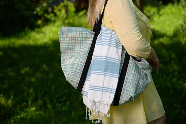 Stylový set plážové tašky + osušky HAMAM 75x150 cm, tyrkysový, 100% organická bavlna