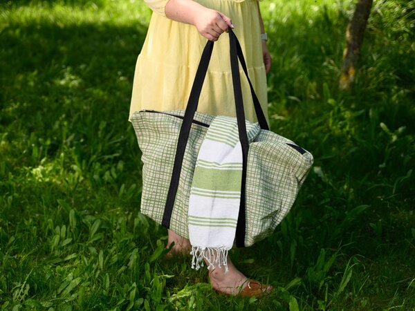 Stylový set plážové tašky + osušky HAMAM 75x150 cm, zelený, 100% bavlna