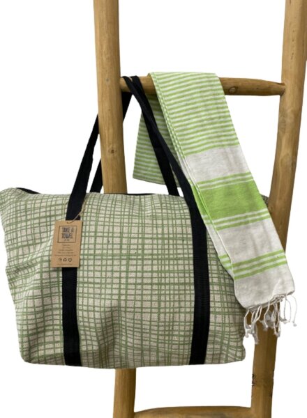 Stylový set plážové tašky + osušky HAMAM 75x150 cm, zelený, 100% bavlna