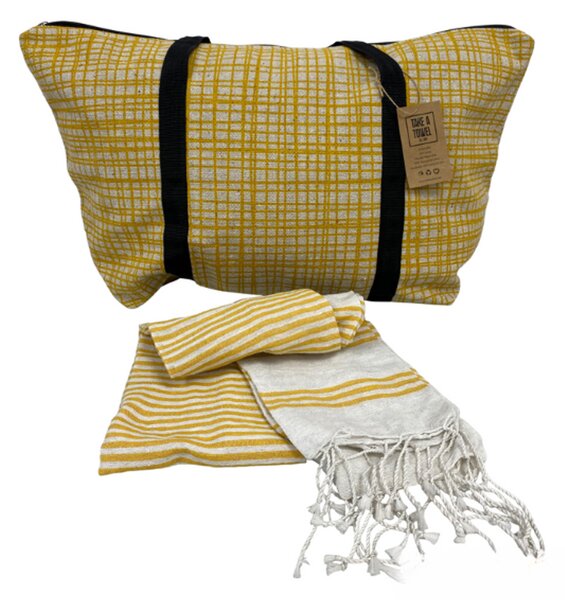 Stylový set plážové tašky + osušky HAMAM 75x150 cm, okrově žlutý, 100% organická bavlna