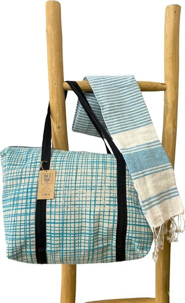 Stylový set plážové tašky + osušky HAMAM 75x150 cm, tyrkysový, 100% organická bavlna