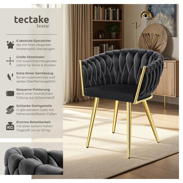 Tectake® Set jídelní židle Astano čalouněná, se sametovým potahem, pletený vzor 60,5 x 55 x 75 cm