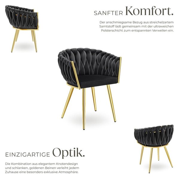 Tectake® Set jídelní židle Astano čalouněná, se sametovým potahem, pletený vzor 60,5 x 55 x 75 cm