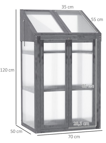 OUTSUNNY Polykarbonátový mini skleník se třemi policemi 70 x 50 x 120 cm šedá