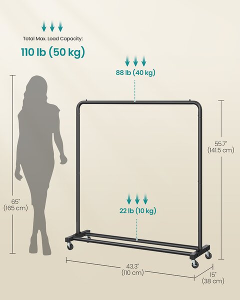 SONGMICS Věšák na oblečení na kolečkách nosnost 50 kg 38 x 110 x 141 černá