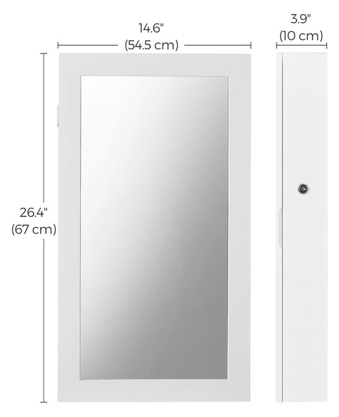 SONGMICS Uzamykatelná skříňka na šperky se zrcadlem 55 x 67 x 10 cm bílá