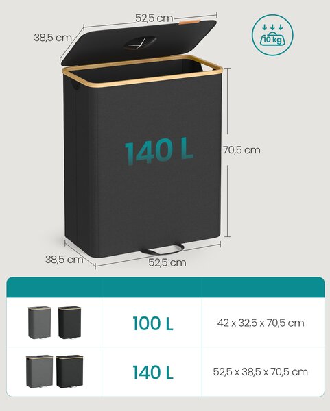 SONGMICS Koš na tříděný odpad 140 l vnitřní sáček s uchy černá