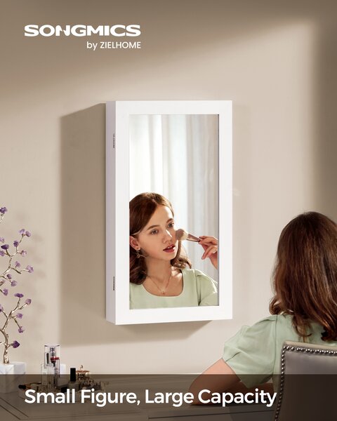 SONGMICS Uzamykatelná skříňka na šperky se zrcadlem 55 x 67 x 10 cm bílá