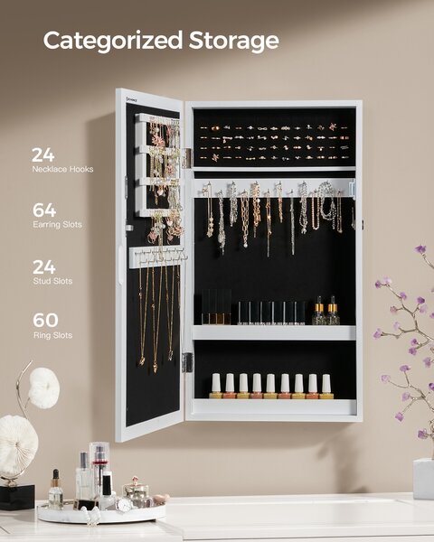 SONGMICS Uzamykatelná skříňka na šperky se zrcadlem 55 x 67 x 10 cm bílá