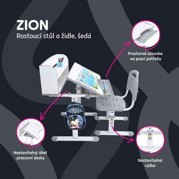 KONDELA Rostoucí psací stůl a židle, šedá/bílá, set ZION