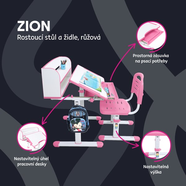 KONDELA Rostoucí psací stůl a židle, růžová/bílá, set ZION