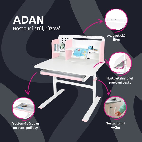 KONDELA Rostoucí psací stůl, růžová/bílá, ADAN