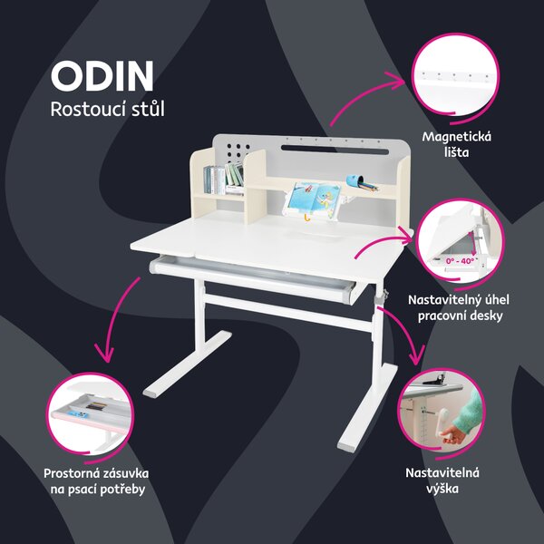 KONDELA Rostoucí psací stůl, šedá/bílá, ODIN