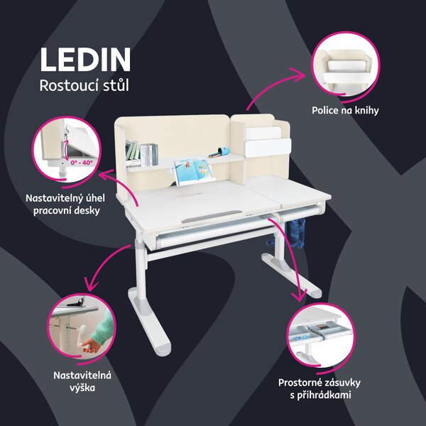 KONDELA Rostoucí psací stůl, natural/bílá, LEDIN