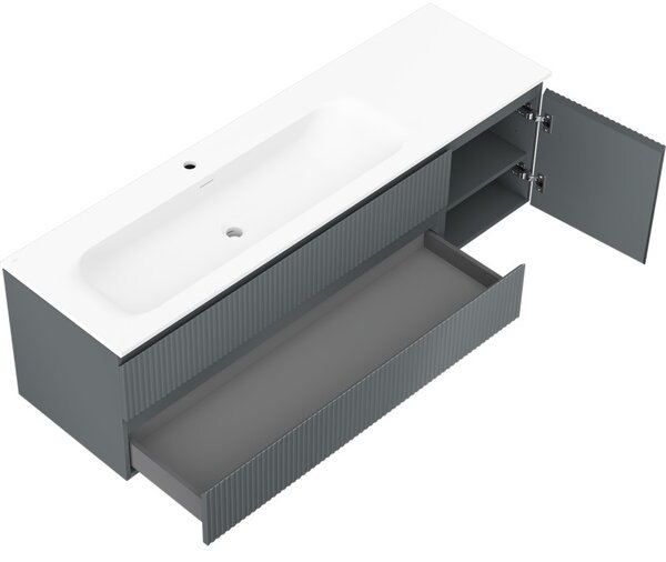Mexen Rivel koupelnová skříňka 160 cm s umyvadlem Vela levým, 2S, 1D, rýhovaná, grafit/bílá mat