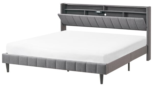 LED postel Tkanina BEAULIEU 180 x 200 cm s úložným prostorem s USB portem Tmavě šedá