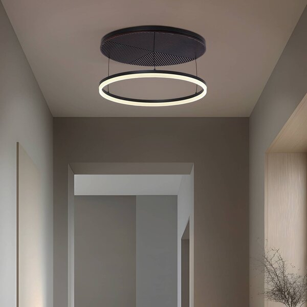 Lucande LED stropní svítidlo Orven, černá/dřevo, Ø50cm, stmívatelné, stmívatelný, Černá, Obývací pokoj / jídelna, kov, Moderní