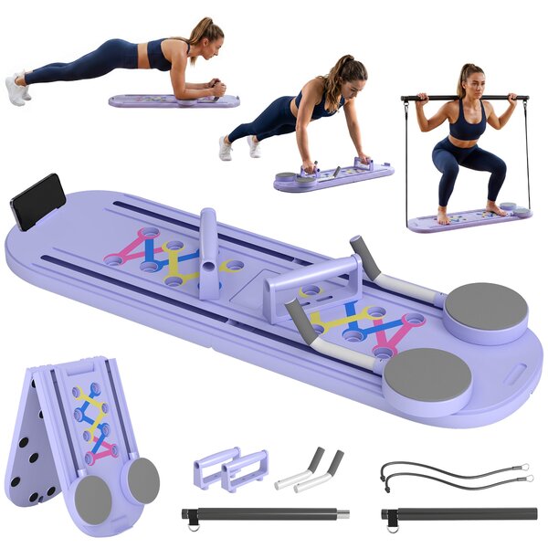 SPORTNOW 5v1 skládací pilates board pro domácí cvičení – přenosný reformer s odporovými pásy a držadly na kliky, trénink celého těla, světle modrý | A