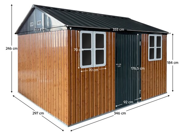 KONDELA Plechový zahradní domek na nářadí, hnědá/antracitová, 3,6x3,1x2,5 m, GABKO