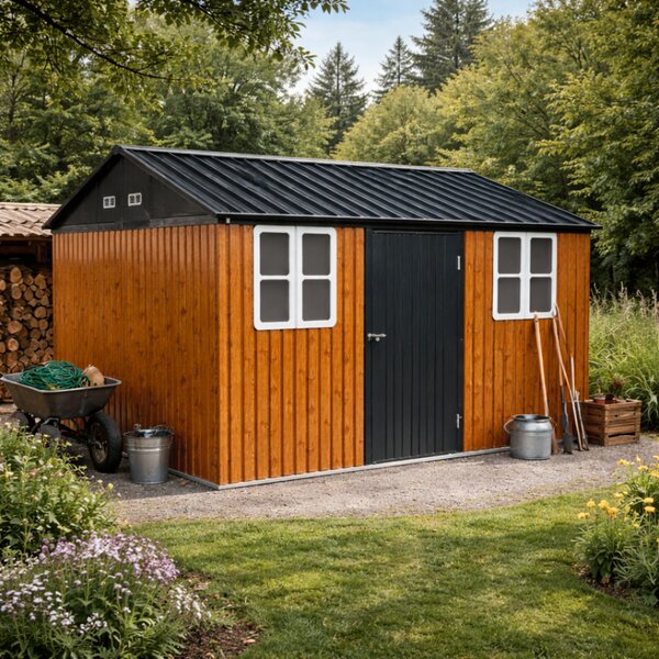 KONDELA Plechový zahradní domek na nářadí, hnědá/antracitová, 3,6x3,1x2,5 m, GABKO