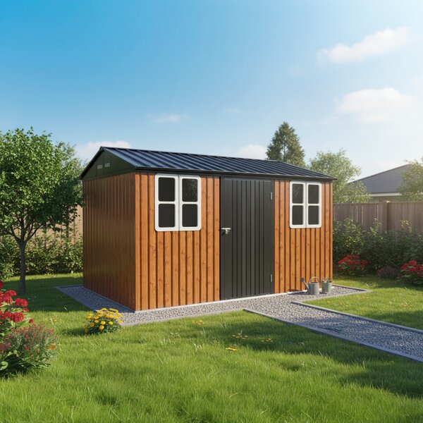 KONDELA Plechový zahradní domek na nářadí, hnědá/antracitová, 3,6x3,1x2,5 m, GABKO
