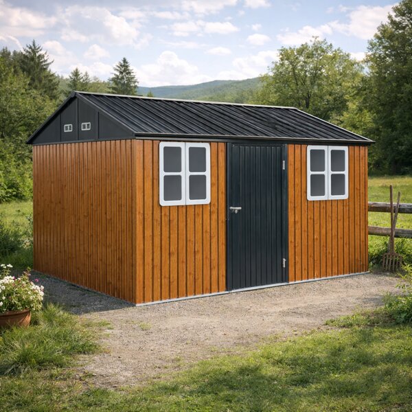 KONDELA Plechový zahradní domek na nářadí, hnědá/antracitová, 3,6x3,1x2,5 m, GABKO
