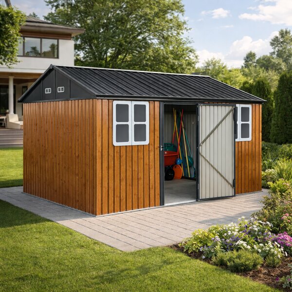 KONDELA Plechový zahradní domek na nářadí, hnědá/antracitová, 3,6x3,1x2,5 m, GABKO