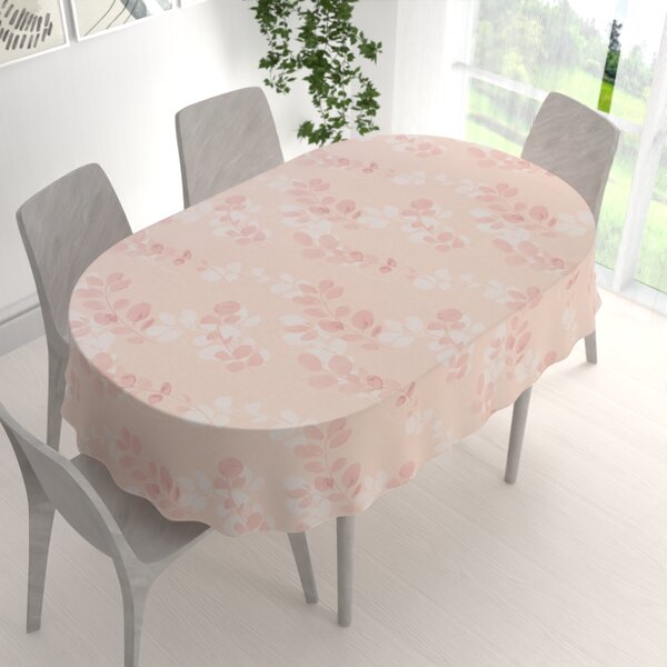 Biante Bavlněný oválný ubrus Sandra SA-682 Eukalyptové listy na pastelově růžovém 50x100 cm