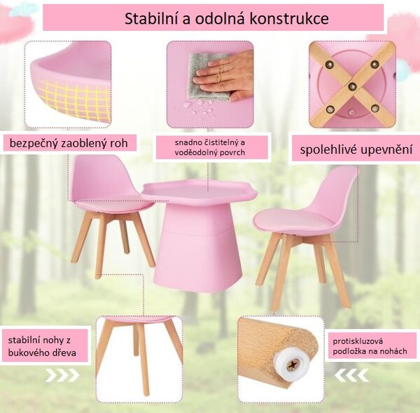 Dětský stůl s polstrovanými židlemi, plast/dřevo HY10041PI