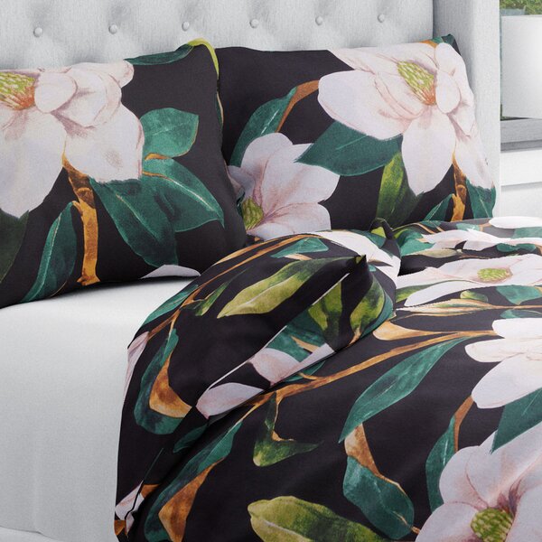 Biante Bavlněné ložní povlečení Sandra SA-300 Květy magnolie na černém Jednolůžko 140x200 a 70x90 cm
