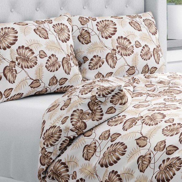 Biante Bavlněné ložní povlečení Sandra SA-498 Hnědé listy monstery na bílém Jednolůžko 140x200 a 70x90 cm
