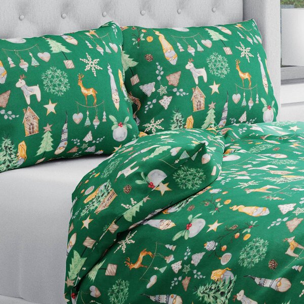 Biante Vánoční bavlněné ložní povlečení Sandra SA-508 Vánoční skřítci a ozdoby na zeleném Jednolůžko 140x200 a 70x90 cm