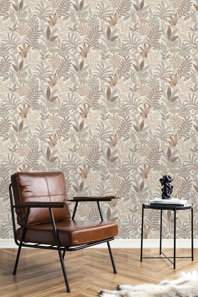 Šedo-béžová vliesová tapeta s listy, AL26290, Allure, Decoprint