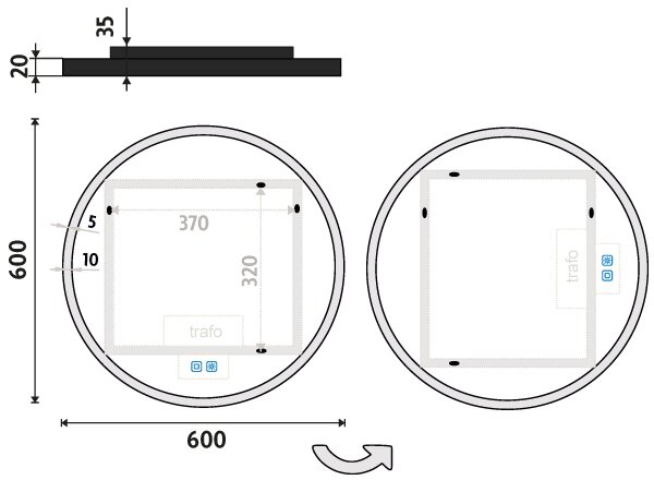 Nimco Černé kulaté LED zrcadlo 26W, ø 60 cm se dvěma dotykovými senzory