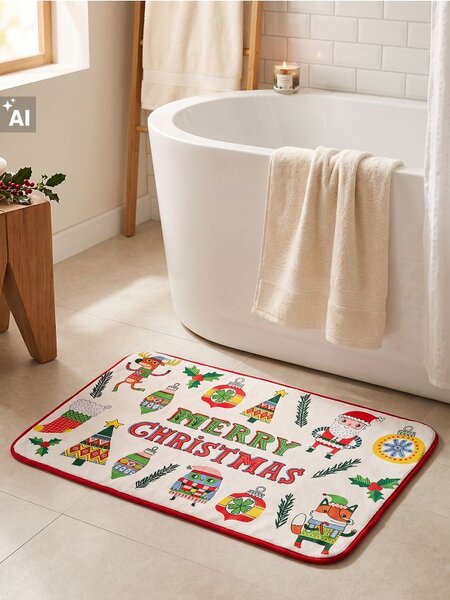 Sinsay - Vánoční koupelnová předložka s nápisem Merry Christmas a vánočními motivy - krémová