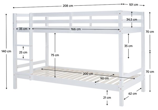 KONDELA Patrová postel, 90x200, masivní dřevo, bílá, INEZA