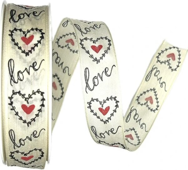 Bavlněná stuha Love & Hearts – krémová 25mm x 20m
